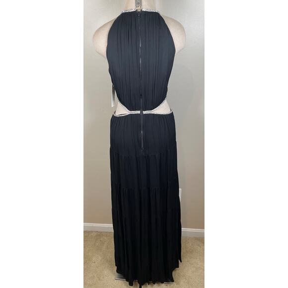 Alice + Olivia Myrtice Crystal Embellished Cutout Pleated Black Maxi Dress Sz 8 - Picture 7 of 9